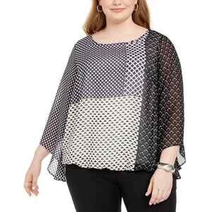 Alfani Geometric Printed Angel Sleeve Bubble Top 1X Navy